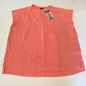 Splendid Womens XL Coral Pink Linen Blend Split Neck Cap Sleeve Blouse NEW
